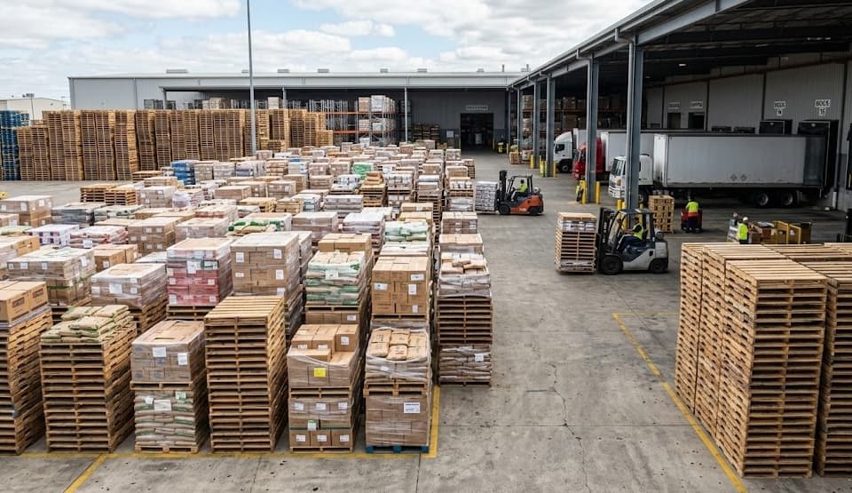 Distribution center with loaded pallets and forklifts