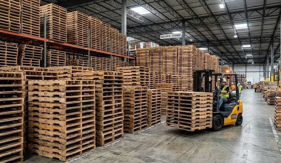 Indoor warehouse with high stacks of pallets