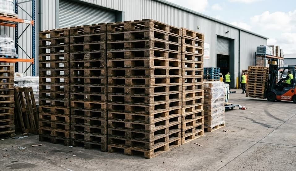 Stacked recycled pallets ready for delivery